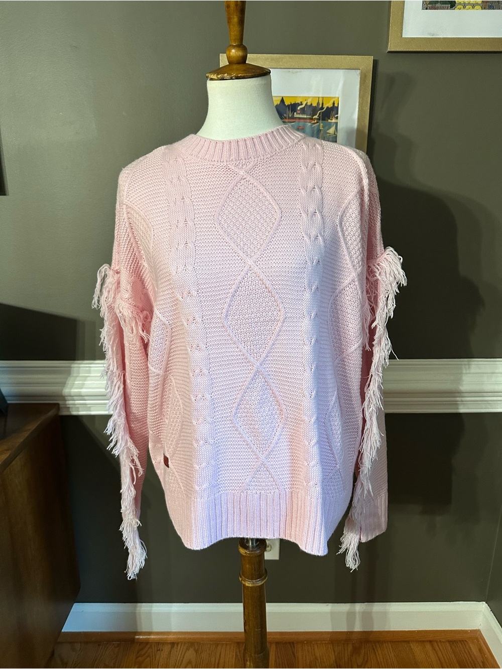 Simply Southern Light Pink Fringe Cable Knit Crew Sweater